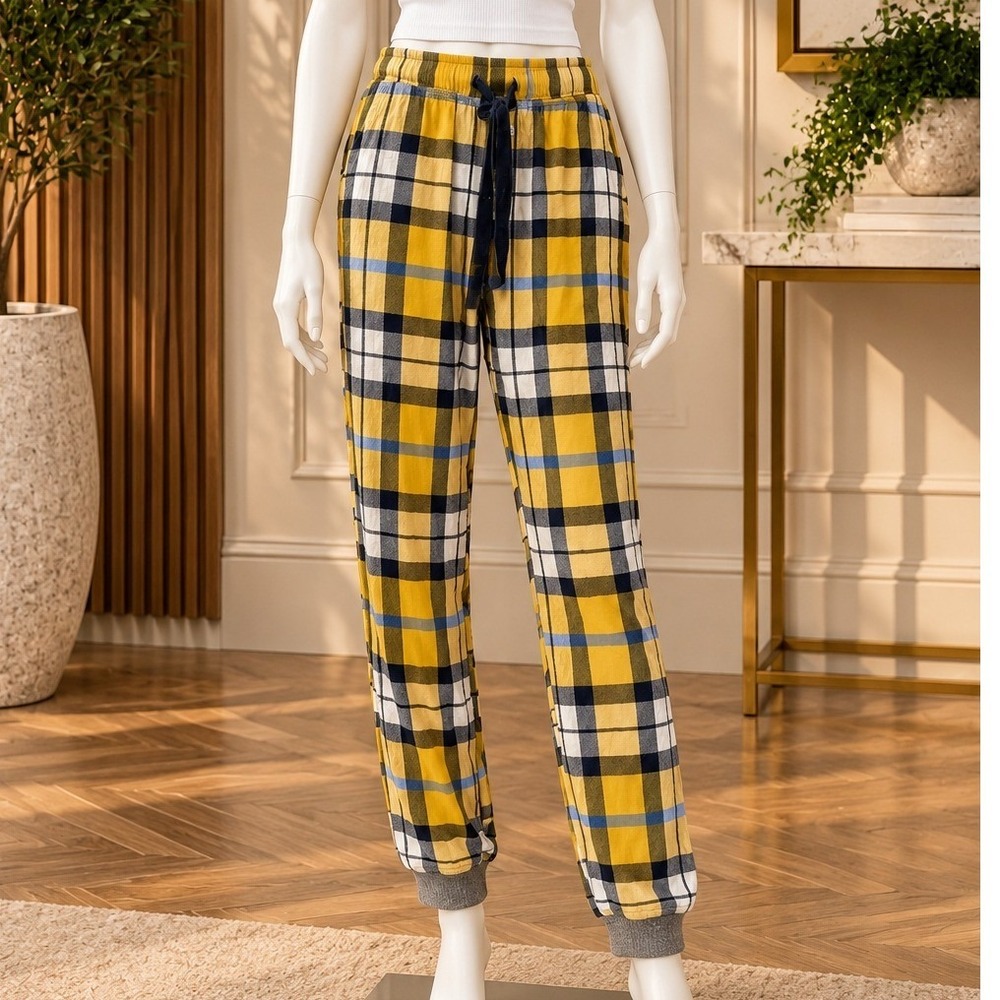Aerie Womens Pajama Joggers Yellow Plaid Flannel Drawstring Pockets Large